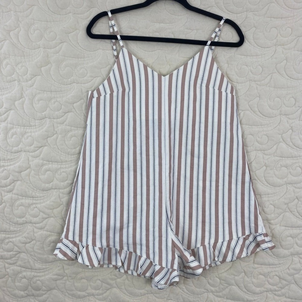 Princess Polly Striped Ruffle Romper Tan White Lace Up Back Adjustable Straps